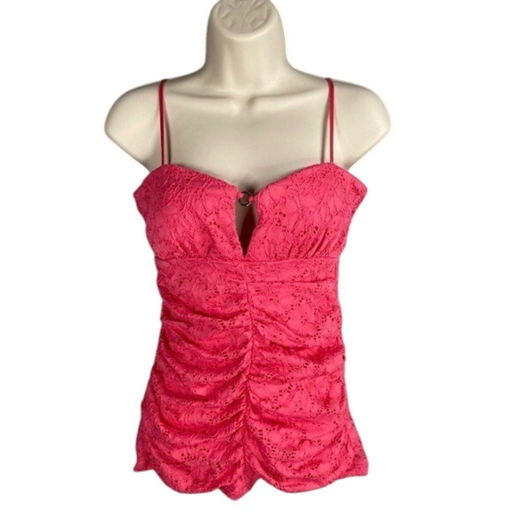 XOXO Pink Lace Ruched Cami Tank Top Womens Medium Y2k Coquette‎ Romantic